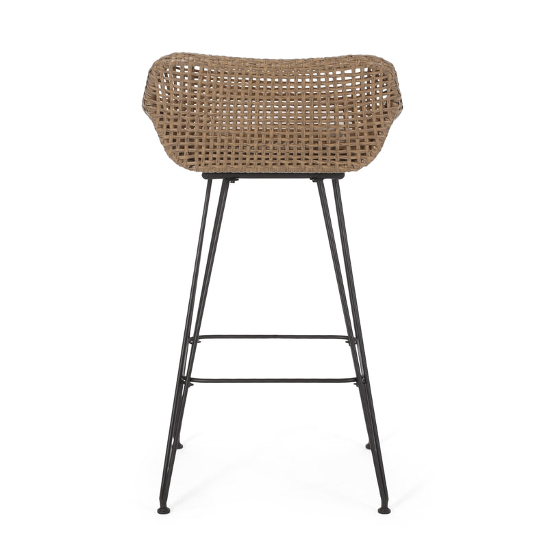 Outdoor Wicker Bar Stools with Cushions & Metal Legs, Set of 2