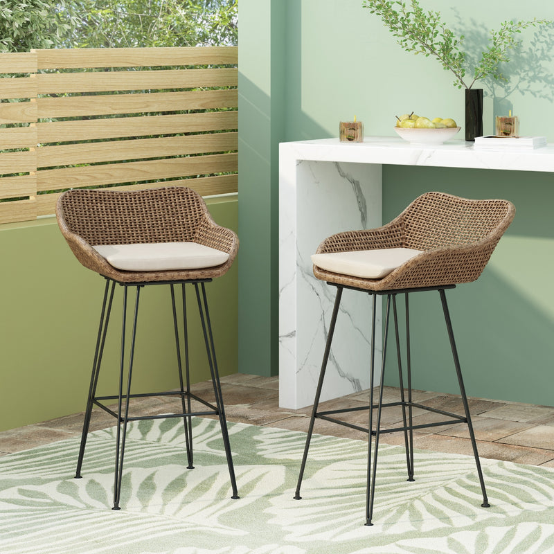 Outdoor Wicker Bar Stools with Cushions & Metal Legs, Set of 2