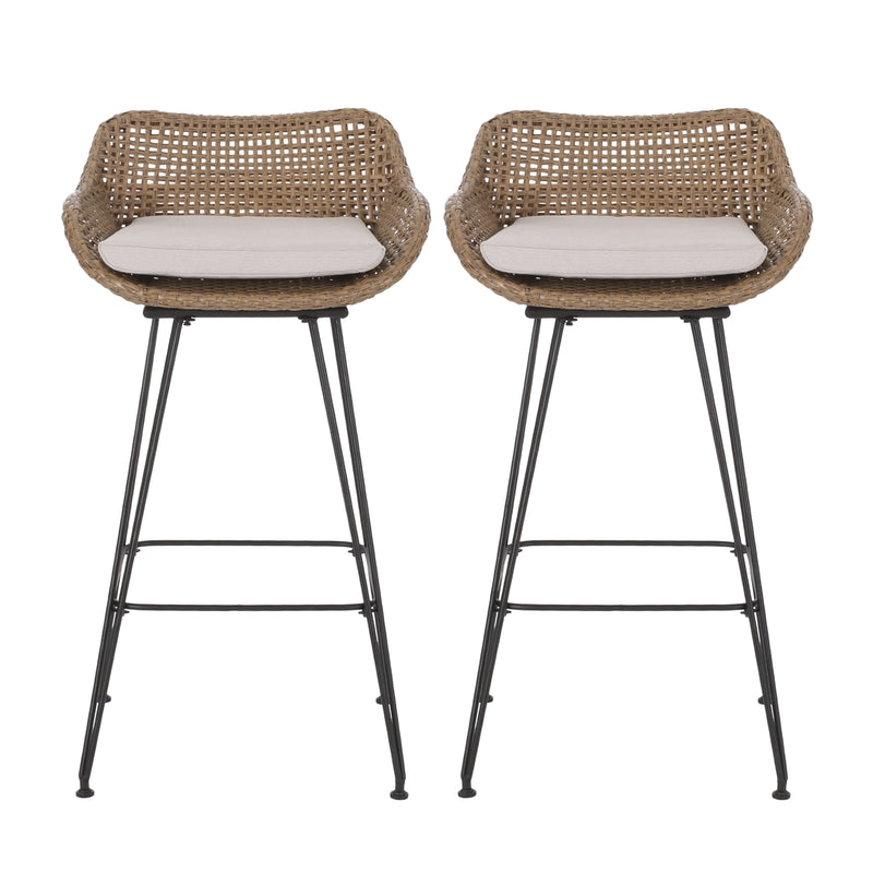 Outdoor Wicker Bar Stools with Cushions & Metal Legs, Set of 2