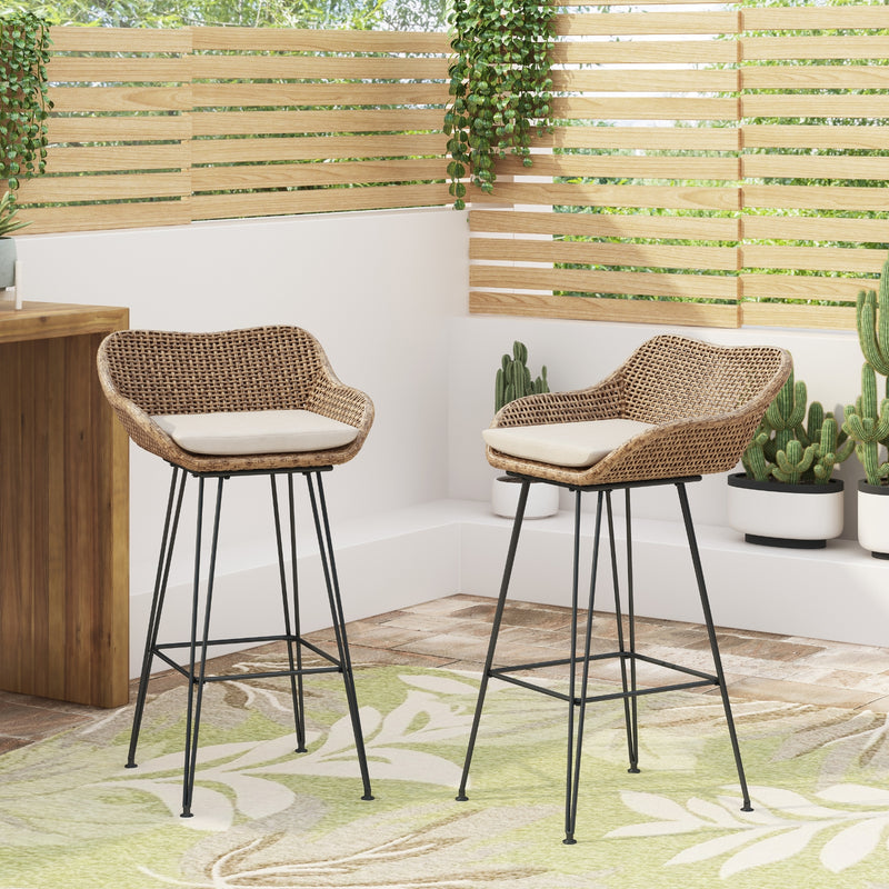 Outdoor Wicker Bar Stools with Cushions & Metal Legs, Set of 2