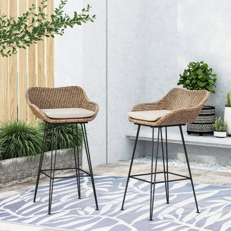Outdoor Wicker Bar Stools with Cushions & Metal Legs, Set of 2