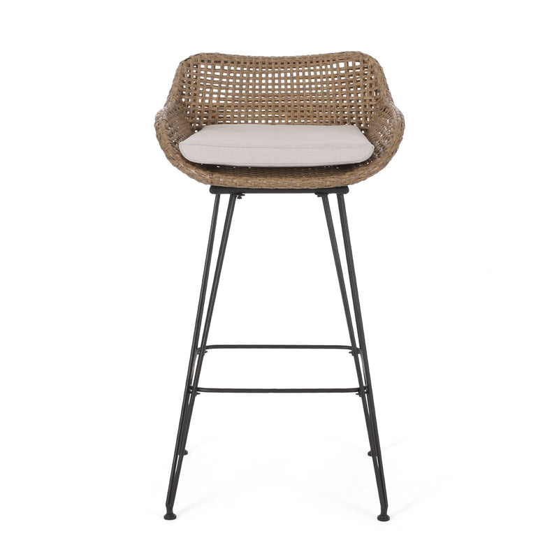 Outdoor Wicker Bar Stools with Cushions & Metal Legs, Set of 2