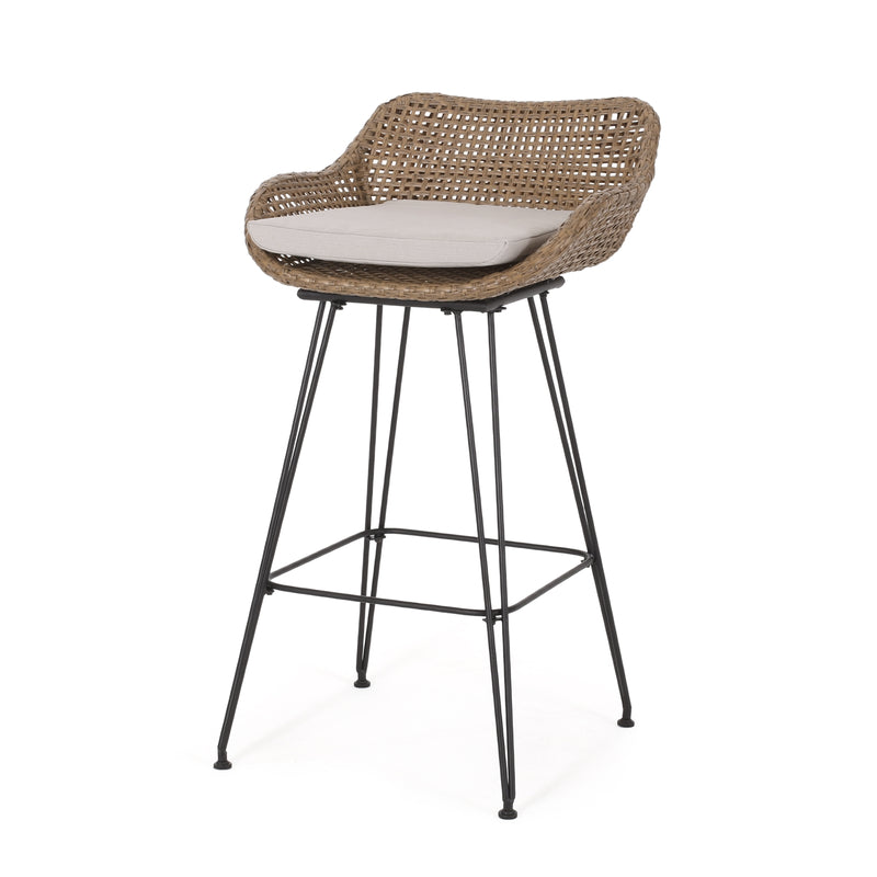 Outdoor Wicker Bar Stools with Cushions & Metal Legs, Set of 2