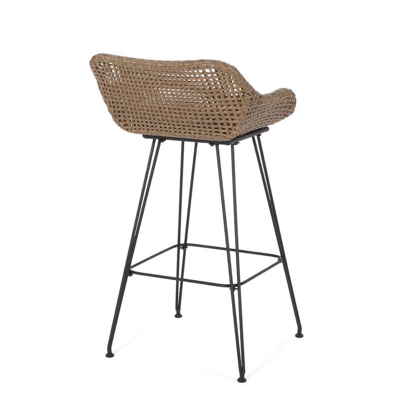 Outdoor Wicker Bar Stools with Cushions & Metal Legs, Set of 2