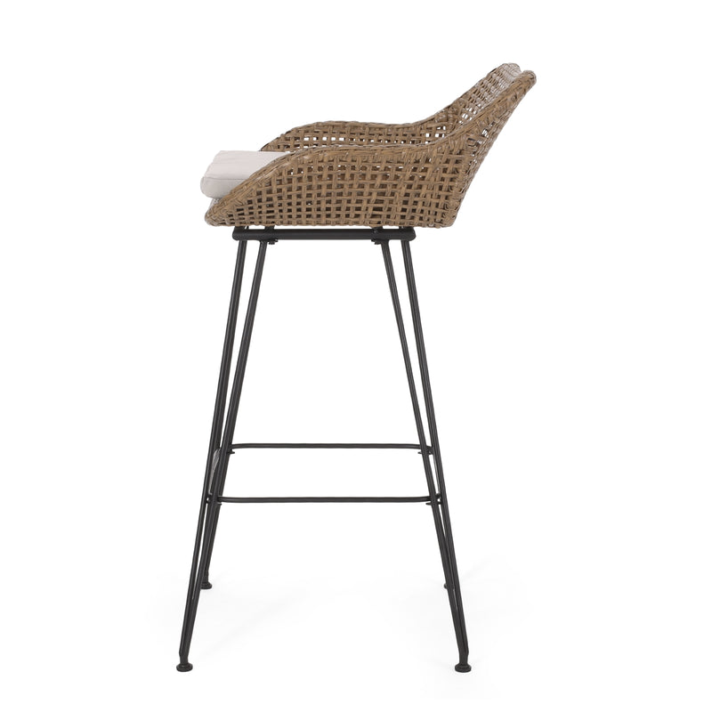 Outdoor Wicker Bar Stools with Cushions & Metal Legs, Set of 2