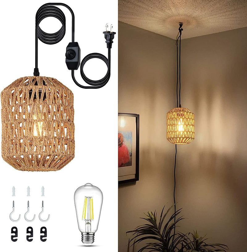Hand Woven Rattan Pendant Light with LED Bulb & 16ft Dimmable Cord