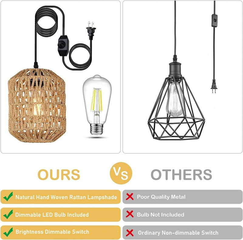 Hand Woven Rattan Pendant Light with LED Bulb & 16ft Dimmable Cord