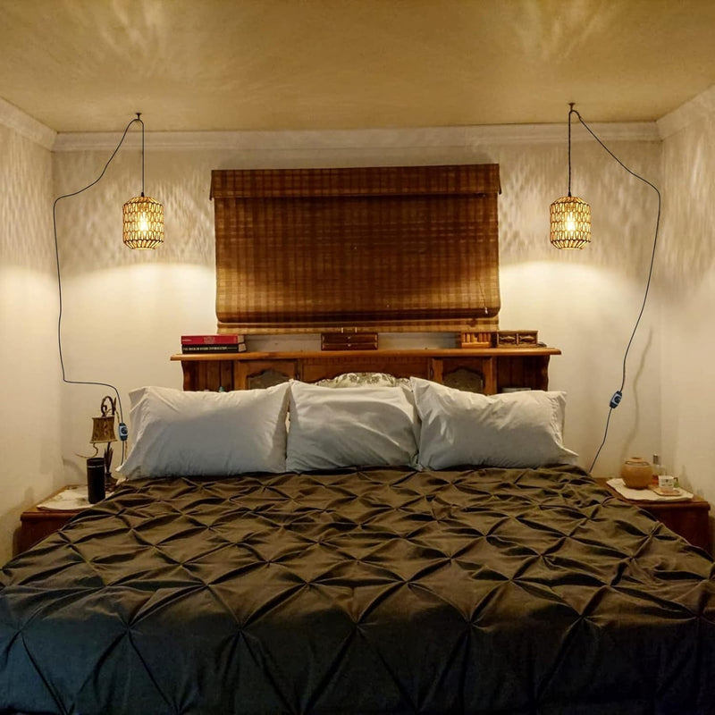 Hand Woven Rattan Pendant Light with LED Bulb & 16ft Dimmable Cord