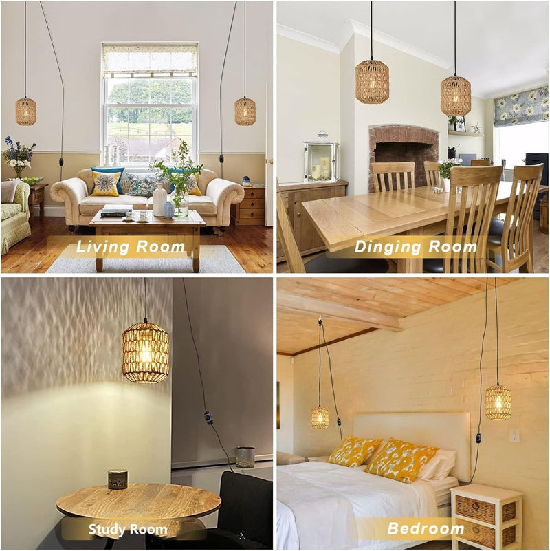 Hand Woven Rattan Pendant Light with LED Bulb & 16ft Dimmable Cord