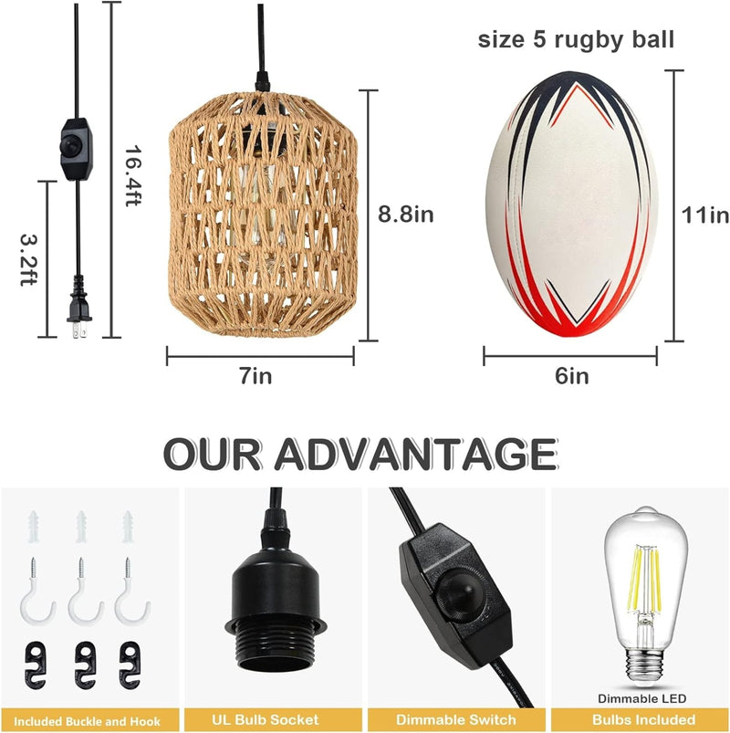 Hand Woven Rattan Pendant Light with LED Bulb & 16ft Dimmable Cord