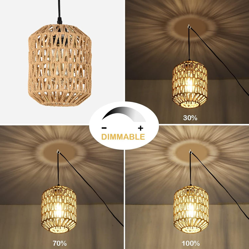 Hand Woven Rattan Pendant Light with LED Bulb & 16ft Dimmable Cord