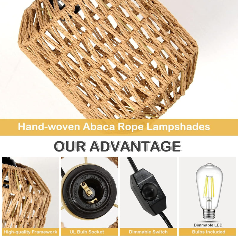 Hand Woven Rattan Pendant Light with LED Bulb & 16ft Dimmable Cord