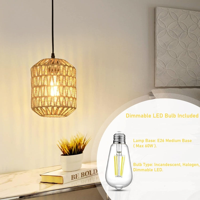 Hand Woven Rattan Pendant Light with LED Bulb & 16ft Dimmable Cord