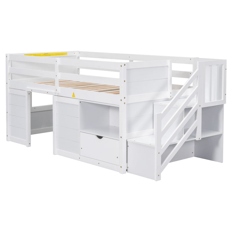 White Wooden Twin Loft Bed with Stairs & Storage