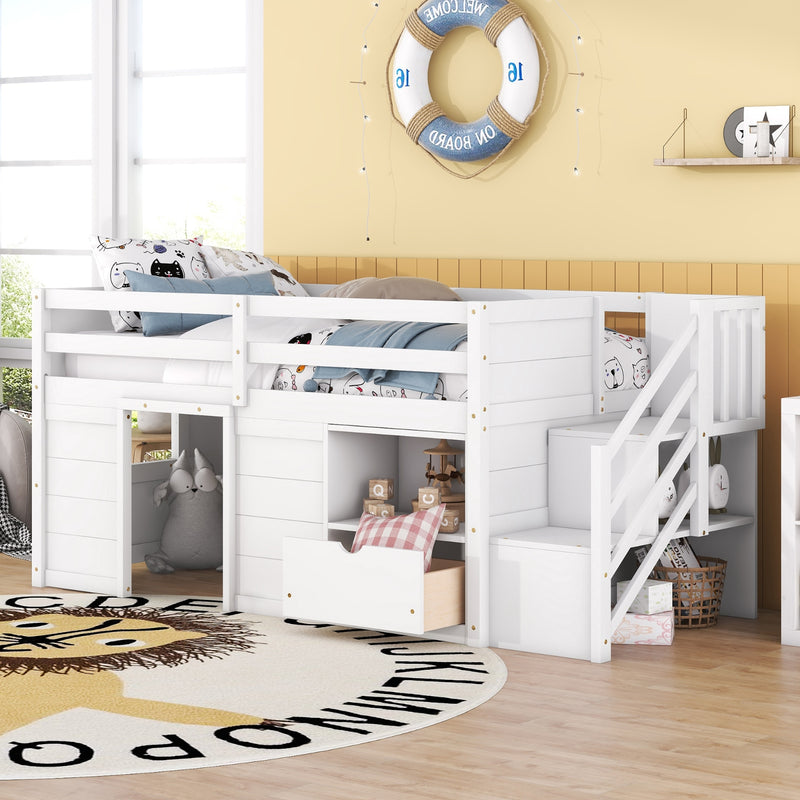 White Wooden Twin Loft Bed with Stairs & Storage