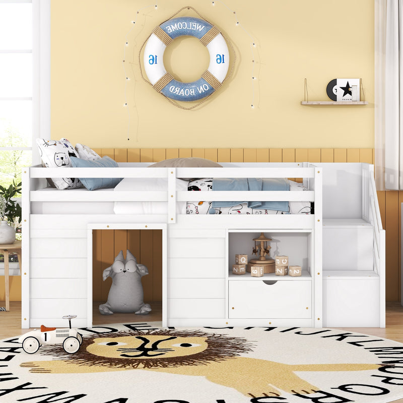 White Wooden Twin Loft Bed with Stairs & Storage
