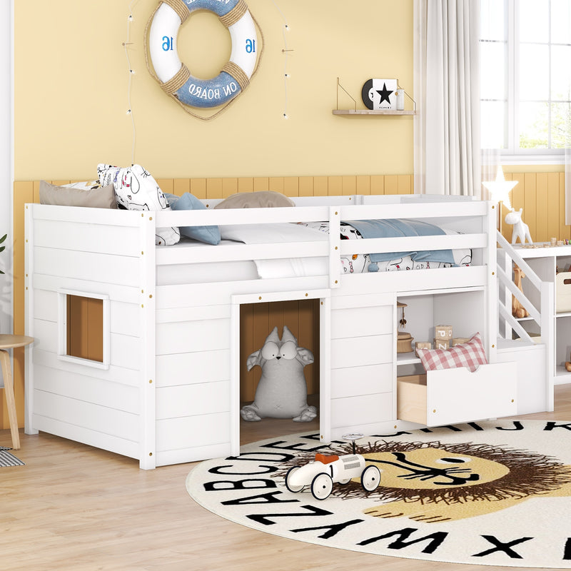 White Wooden Twin Loft Bed with Stairs & Storage