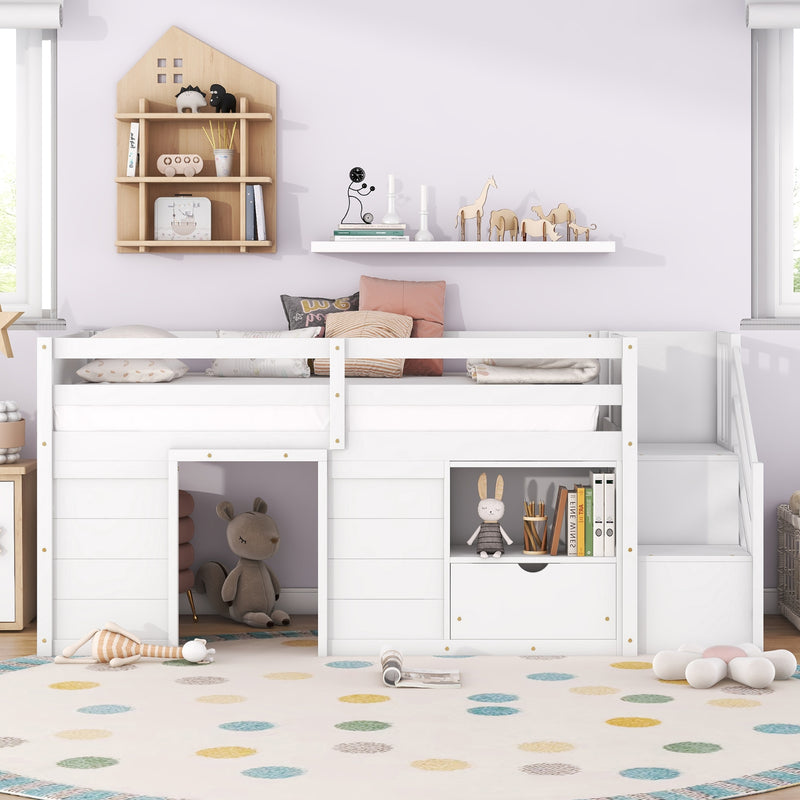 White Wooden Twin Loft Bed with Stairs & Storage