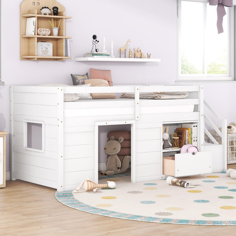 White Wooden Twin Loft Bed with Stairs & Storage