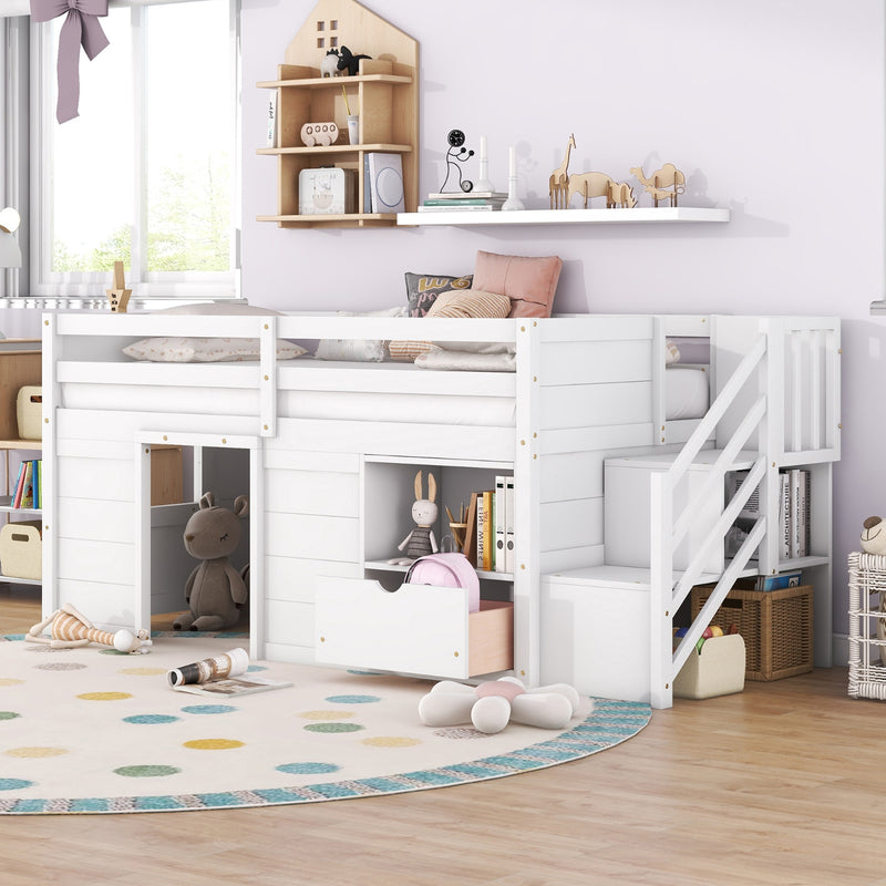 White Wooden Twin Loft Bed with Stairs & Storage