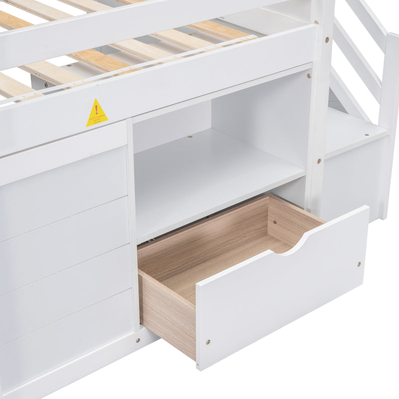 White Wooden Twin Loft Bed with Stairs & Storage