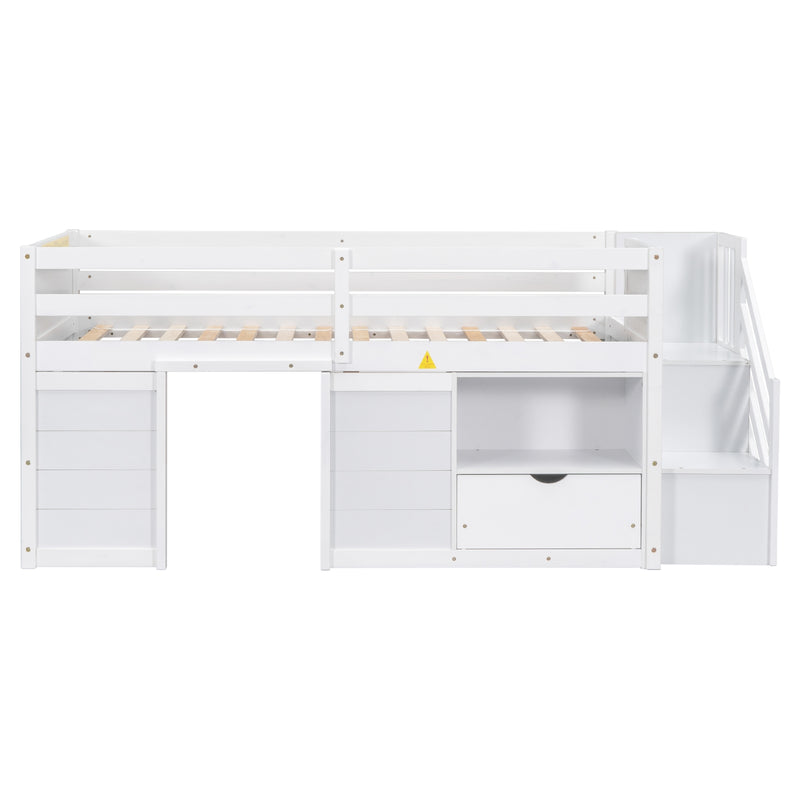 White Wooden Twin Loft Bed with Stairs & Storage