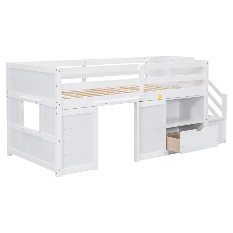 White Wooden Twin Loft Bed with Stairs & Storage