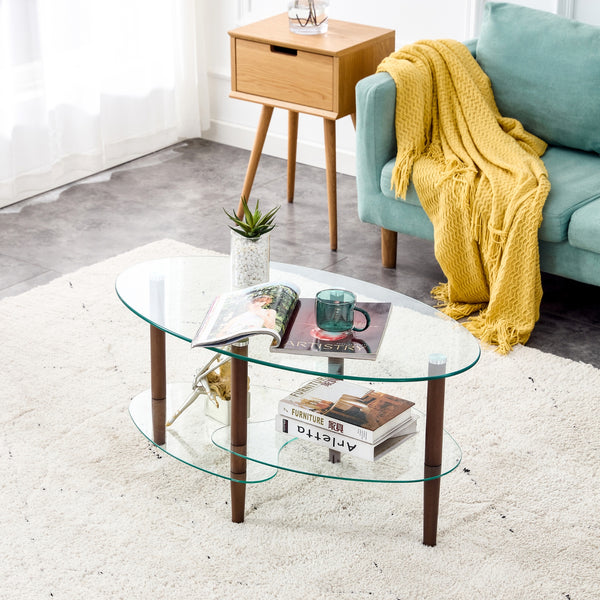 Modern Oval Glass Coffee Table, 3-Tier Oak Legs