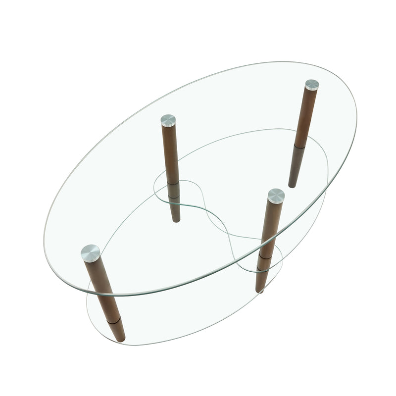 Modern Oval Glass Coffee Table, 3-Tier Oak Legs