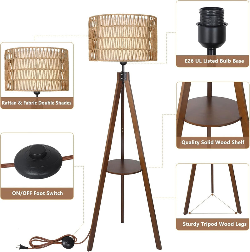 Tripod Floor Lamp with Shelves, Mid Century Modern Design