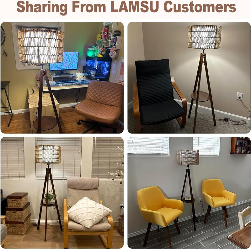 Tripod Floor Lamp with Shelves, Mid Century Modern Design