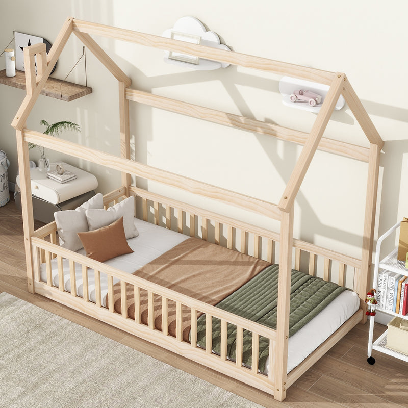 Natural Wood Twin House Bed with Guardrails & Slats