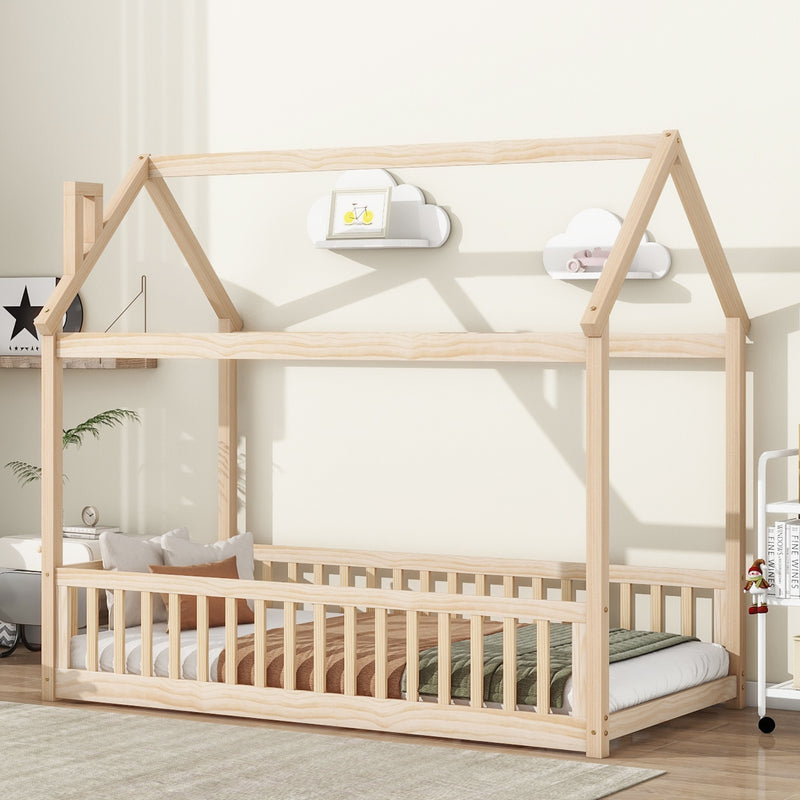 Natural Wood Twin House Bed with Guardrails & Slats