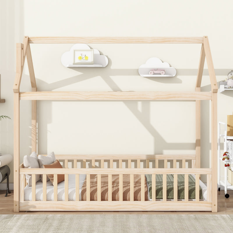 Natural Wood Twin House Bed with Guardrails & Slats