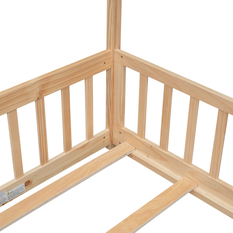 Natural Wood Twin House Bed with Guardrails & Slats