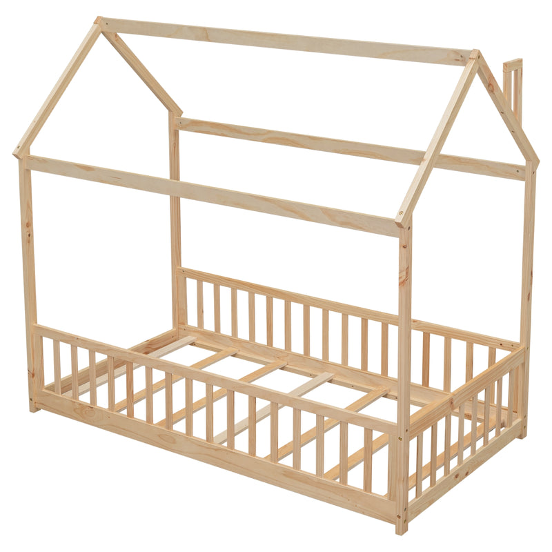 Natural Wood Twin House Bed with Guardrails & Slats