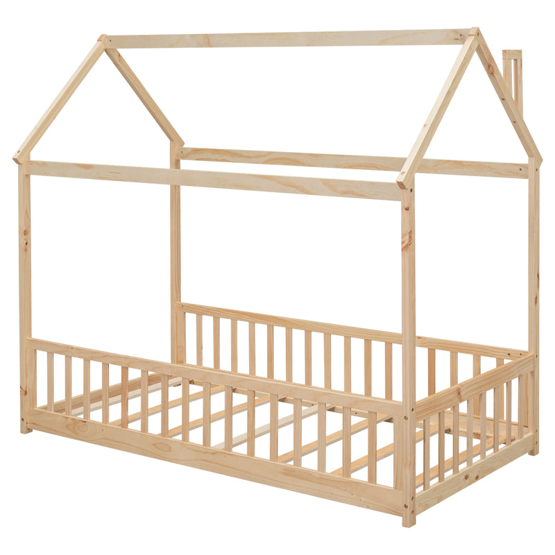Natural Wood Twin House Bed with Guardrails & Slats