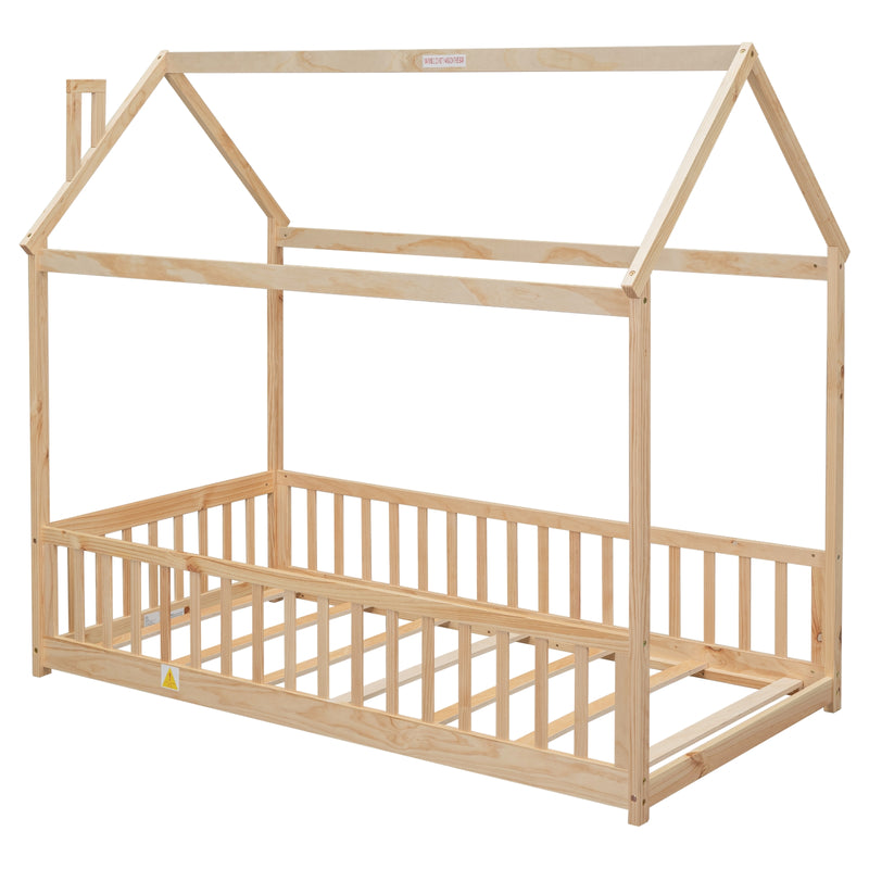 Natural Wood Twin House Bed with Guardrails & Slats