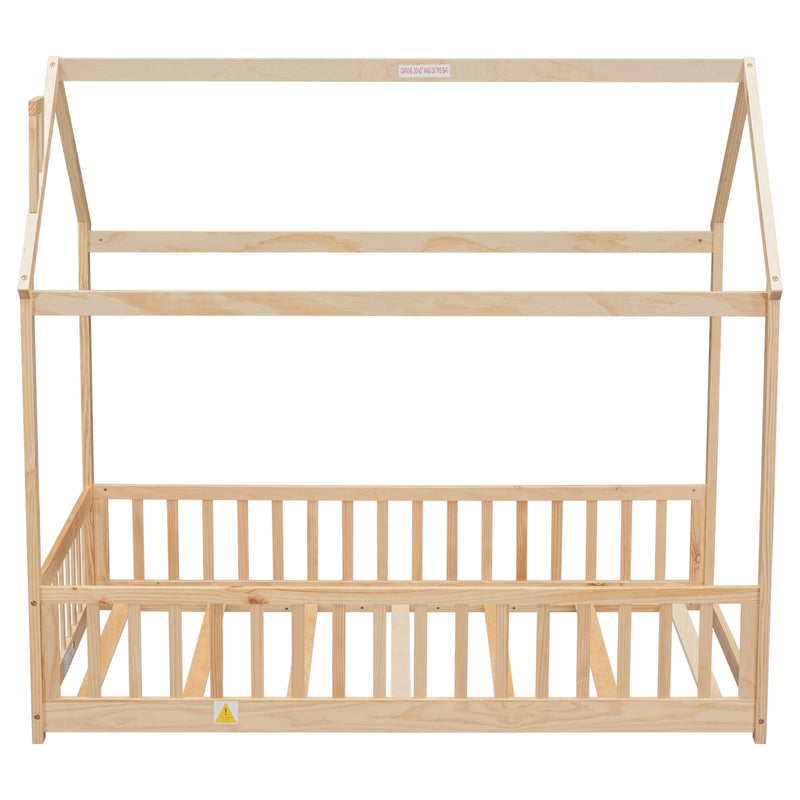 Natural Wood Twin House Bed with Guardrails & Slats