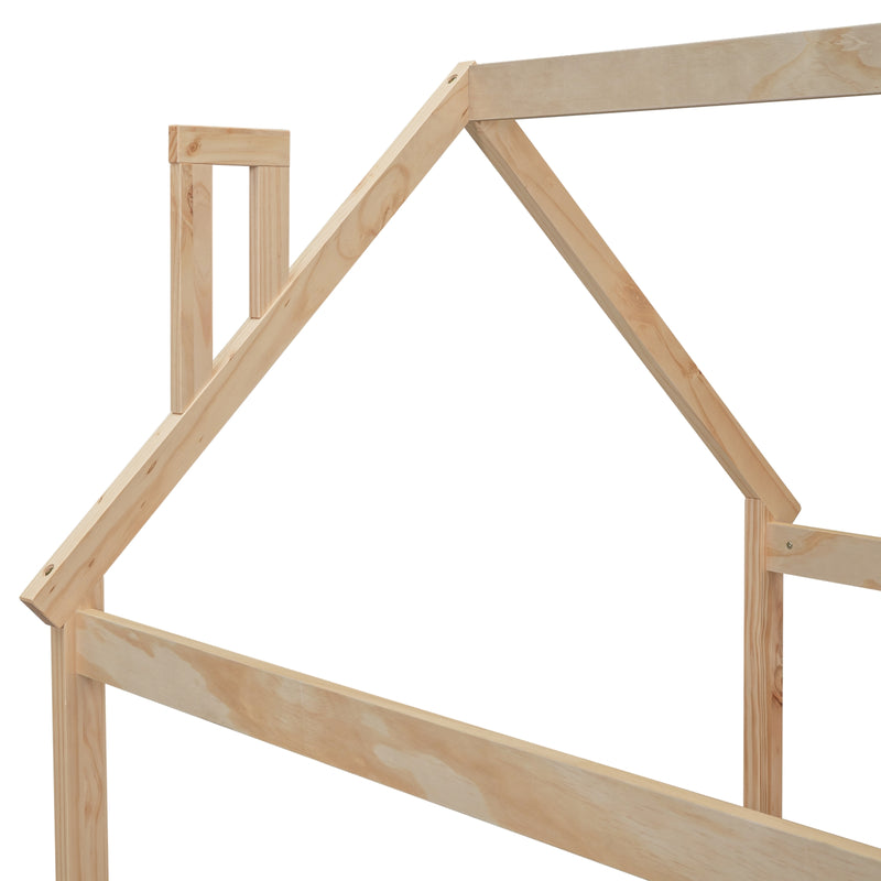 Natural Wood Twin House Bed with Guardrails & Slats