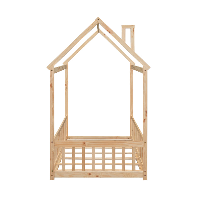 Natural Wood Twin House Bed with Guardrails & Slats