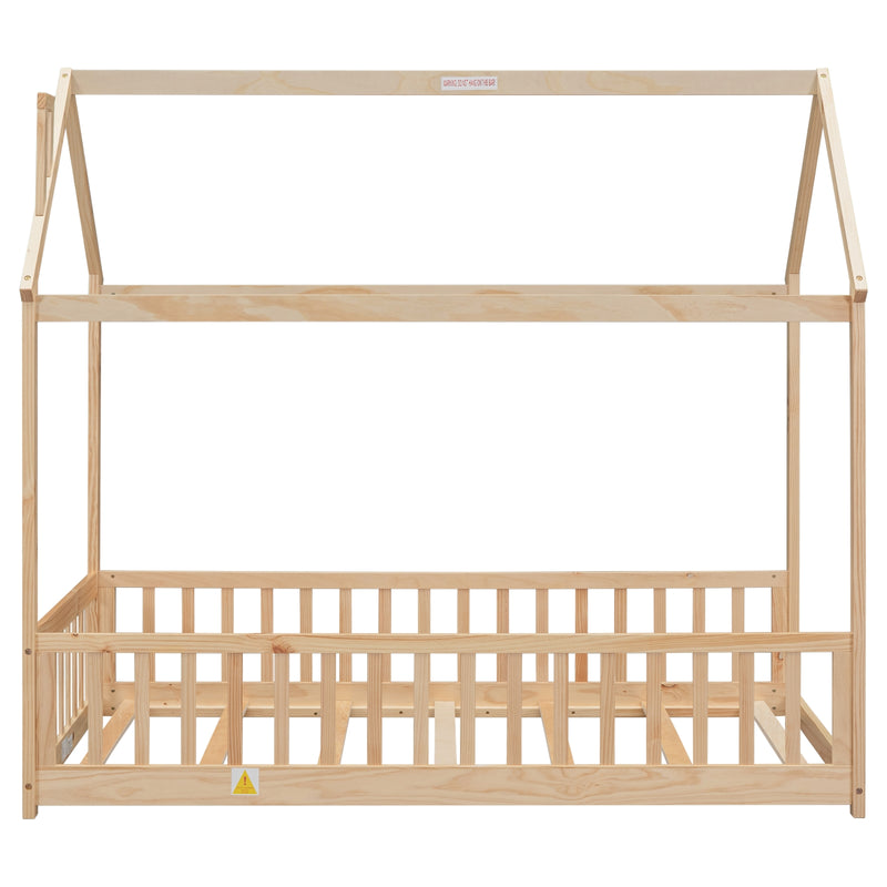 Natural Wood Twin House Bed with Guardrails & Slats