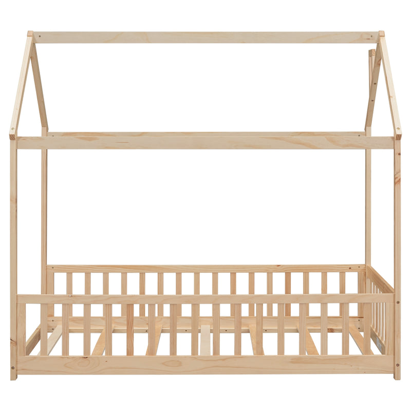 Natural Wood Twin House Bed with Guardrails & Slats