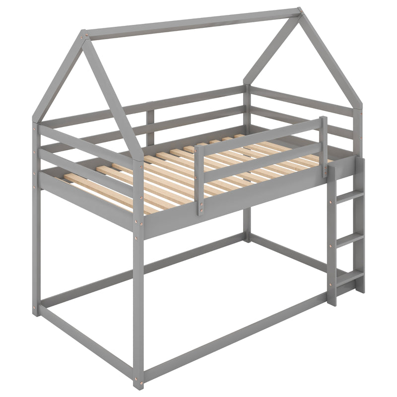 Gray Twin Over Twin Low Bunk Bed with Ladder