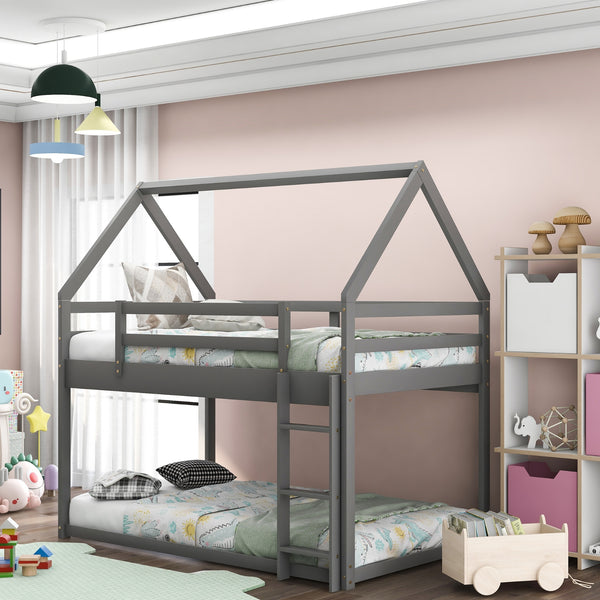 Gray Twin Over Twin Low Bunk Bed with Ladder
