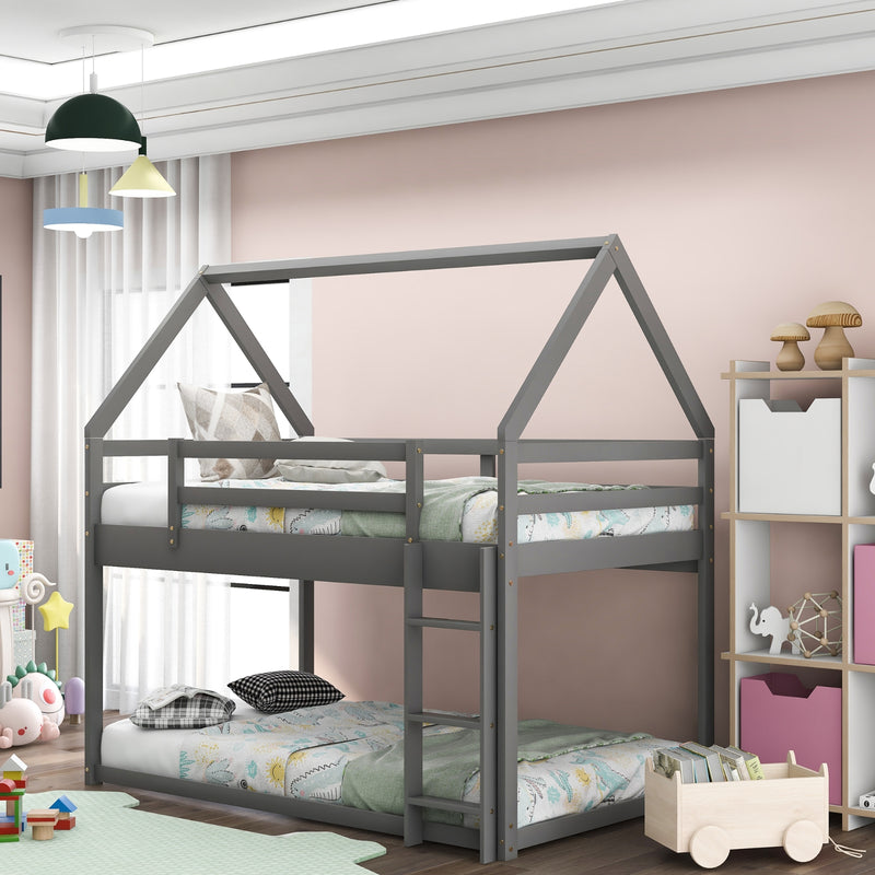Gray Twin Over Twin Low Bunk Bed with Ladder