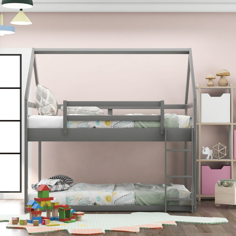 Gray Twin Over Twin Low Bunk Bed with Ladder