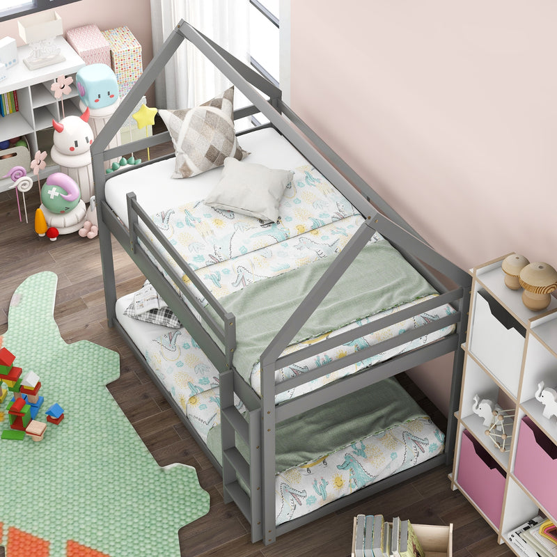 Gray Twin Over Twin Low Bunk Bed with Ladder