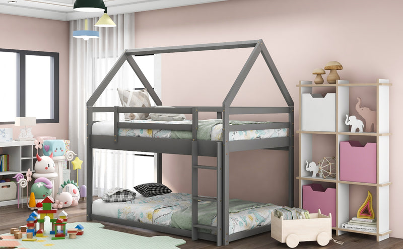 Gray Twin Over Twin Low Bunk Bed with Ladder