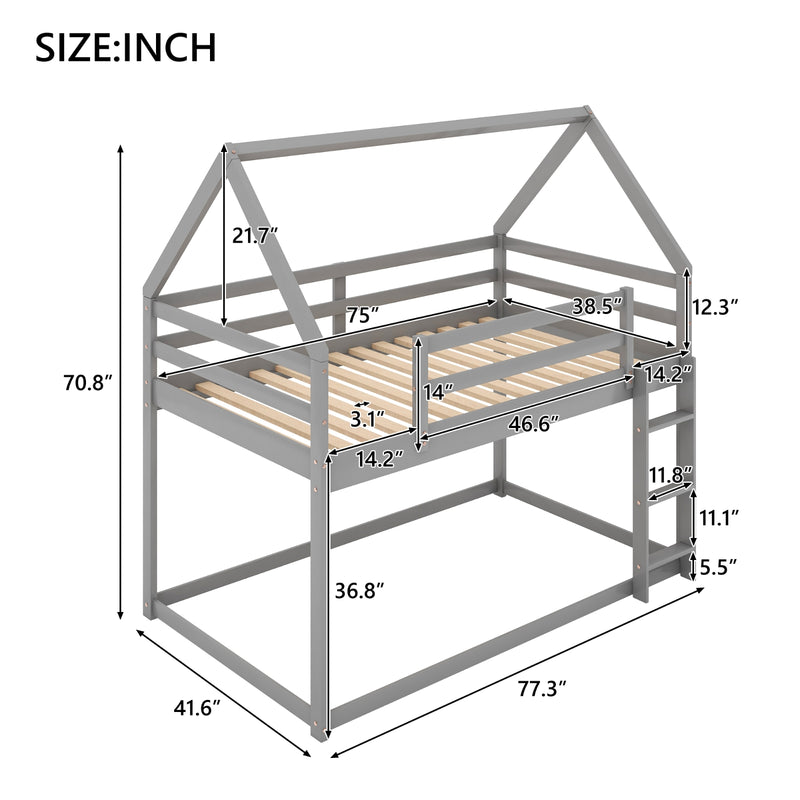 Gray Twin Over Twin Low Bunk Bed with Ladder
